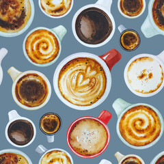 Fototapeta na wymiar Love coffee seamless watercolor pattern with cups and mugs of hot drink.