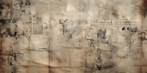 Fototapeta premium old newspaper wallpaper distressed texture ромкост, in the style of realism with surrealistic elements, late 19th century, disintegrated, expansive, sparse, burned/charred, organic realism 