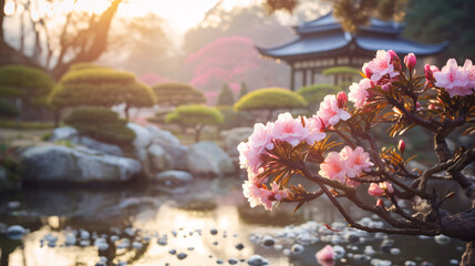 花と日本庭園、日本的な寺の風景