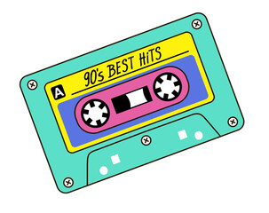 Retro tape cassette. Hits of the 90s. Vintage audio tape isolated on a white background. Vector colored illustration for web banners, advertisements, stickers, labels, t-shirt