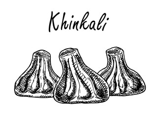 Khinkali sketch. National Traditional dish of Georgian cuisine. Gastronomic tourism, national dishes. Hand drawn vector of khinkalis isolated on white background