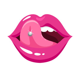 Open mouth with pierced tongue. Cartoon of cute tongue piercing vector icon for web design isolated on white background. Beauty accessories. Vector woman s smile. Icon isolated on white background