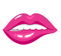 Expression of sexually bitten lips. Sexy womans pink lips expressing different emotions, half-open mouth with white teeth, bitten lip.