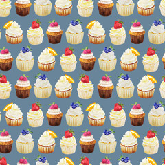 Watercolor seamless pattern of sweet cupcakes with fruits. Cliparts isolated for different cafe menu or food designs