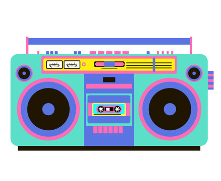 Retro cassette recorder. Cassette player. Music box. 90s style boombox vector. Nostalgia for the 90s. 1990s technology. Vector illustration on white background.