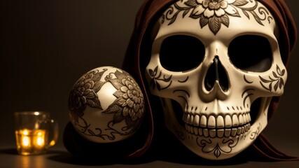 sugar skull with floral ornament on black background. AI Generated