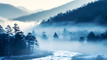 冬の森、霧と山の自然風景