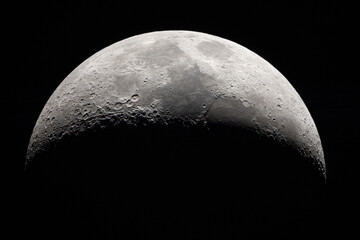 Moon Closeup Showing Details of Lunar Surface. Black Background.