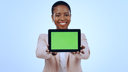 Green screen, tablet or portrait of black woman in studio for online space or sale for advertising. Business, happy or worker showing option, news mockup or offer on blue background for technology