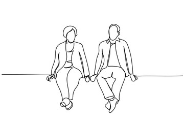 hand drawn line art vector of old couple sitting together. Elderly couple.
