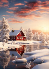 winter landscape with house - obrazy, fototapety, plakaty