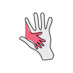  line art of a small hand on palm of an adult hand. Motherhood and fatherhood concept. Adoption idea. Parenthood. Love care and support needed in childhood. Harmony in society. Help.