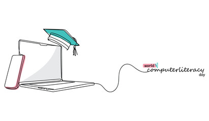 World computer literacy day is celebrated on 2nd December. Digital literacy. Computer related technical efficiency. Foundational computer literacy skills. Advanced programming. Continuous line art.