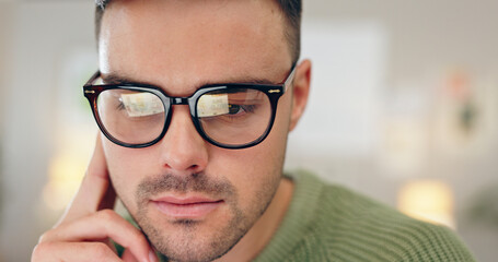 Man, thinking and employee for decision, glasses and idea with face, closeup and office. Planning, research and mockup space with solution mindset, freelance writer and ideas for problem solving