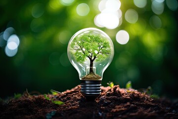 Illuminating innovation. Green energy concept. Sustainable brilliance. Eco friendly lightbulb with tree growth. Blossoming ideas. Nature powered light of tomorrow - obrazy, fototapety, plakaty