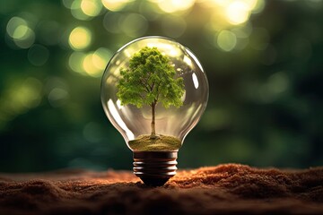 Illuminating innovation. Green energy concept. Sustainable brilliance. Eco friendly lightbulb with tree growth. Blossoming ideas. Nature powered light of tomorrow
