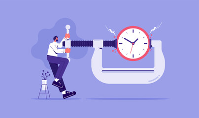 Time pressure or running out of time or anxiety to finish work within aggressive deadline or time management concept, businessman apply pressure to clock with a vise grip - obrazy, fototapety, plakaty