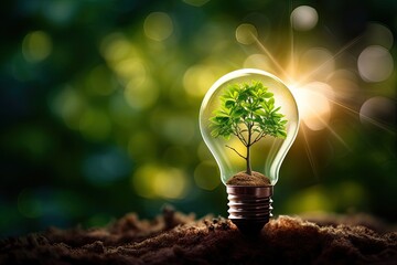 Illuminating innovation. Green energy concept. Sustainable brilliance. Eco friendly lightbulb with tree growth. Blossoming ideas. Nature powered light of tomorrow - obrazy, fototapety, plakaty