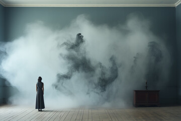 White smoke and a girl standing with her back to the camera. Mystical photography.