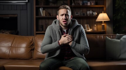 Young man sitting on the couch at home and coughing. Suffers from an attack of asthma, allergies - obrazy, fototapety, plakaty