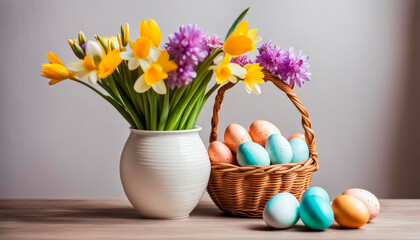 Vase with spring flowers and Easter eggs on the background of the wall. Easter greeting card