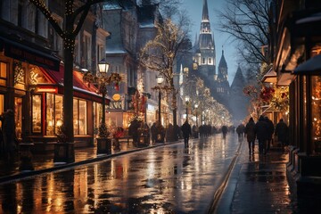 Fototapeta premium city street in winter, exteriors of houses decorated for Christmas or New Year's holiday, wet, street lights, festive environment