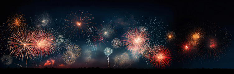 fireworks over night city sky, holiday background, bright colorful lights - obrazy, fototapety, plakaty