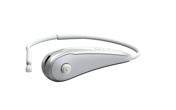 A Realistic View of the Instant Translation Earpiece on a Clear Surface or PNG Transparent Background.
