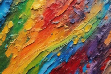 Closeup of abstract rough colorful multicolored rainbow colors art painting texture background illustration, with oil brushstroke, pallet knife paint on canvas, dripping color