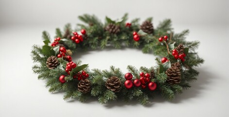 Christmas wreath on a white wooden background,Christmas wreath close up on white background. New Year's decorations. Winter Holiday pattern