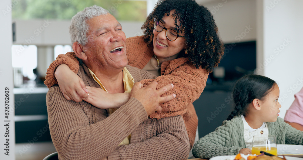 Poster Senior, man and daughter with hug for love, laughing and joke in dining room of home with happiness. Family, dad and woman with embrace, smile and care for relaxing, peace and comic in lounge