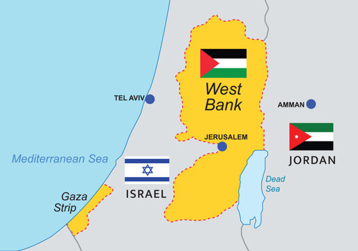 West Bank and Gaza Strip territory map. Palestinian exclave on the eastern coast of the Mediterranean Sea, vector illustration.