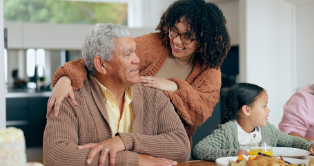 Elderly, man or daughter with hug for love, laughing and joke in dining room of home with happiness. Family, dad and woman with embrace, smile and care for relaxing, peace and comic in lounge of home