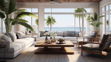 beautiful beach style interior design, blue white next to ocean, comfortable couch with wooden table, luxury home real estate agent - obrazy, fototapety, plakaty