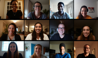 A team of people on an online conference call. Grid of webcam faces - obrazy, fototapety, plakaty