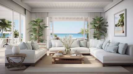 Fototapeta premium beautiful beach style interior design, blue white next to ocean, comfortable couch with wooden table, luxury home real estate agent