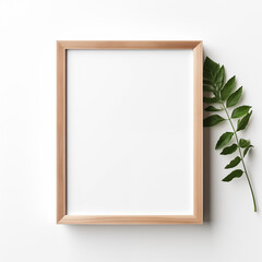 Photo frame mock-up, eucalyptus leaves and shadows top view, flat lay, copy space.