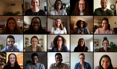 A team of people on an online conference call. Grid of webcam faces - obrazy, fototapety, plakaty