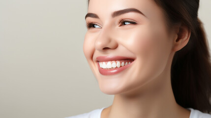 Fototapeta premium Young beautiful woman smiling on white background. Oral hygiene concept. Made with generative ai