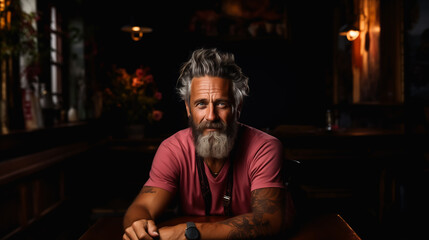 Obraz premium Studio lighting portrait photo of handsome stylish clothing good looking senior man with beautiful beard and tattoo. Elder healthy man fashion self care concept. Generative AI people model