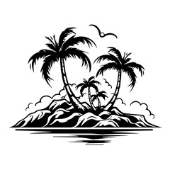 Fototapeta na wymiar beach, palm, tree, island, sea, summer, tropical, vector, sun, illustration, travel, nature, ocean, water, silhouette, landscape, vacation, sunset, ship, sky, palm tree, hawaii, cartoon, paradise, hol