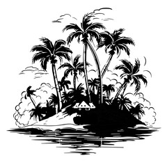 beach, palm, tree, island, sea, summer, tropical, vector, sun, illustration, travel, nature, ocean, water, silhouette, landscape, vacation, sunset, ship, sky, palm tree, hawaii, cartoon, paradise, hol - obrazy, fototapety, plakaty