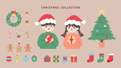 christmas collection with boy,girl,tree, gift,gingerbread man,candy,decoration