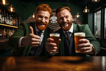 Two handsome ginger Irish men celebrating St. Patrick's day drinking beer. generative AI
