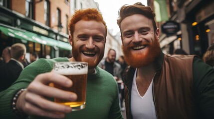 Two handsome ginger Irish men celebrating St. Patrick's day drinking beer. generative AI