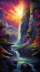 Vivid colors illuminate waterfall landscape, surrounded by lush flora, under glowing sunset sky. Nature wonder and beauty.