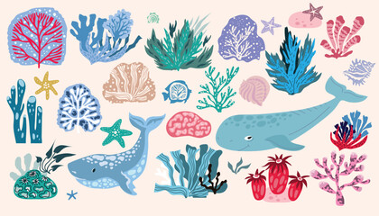 Cartoon  big  set with differents seaweeds  and colals.  Beautiful doodle underwater marine life,  whale, coral reef, underwater plants  Vector cute flat  illustration.  