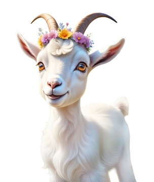 Cute goat, happy goat with flowers isolated. AI generative image.