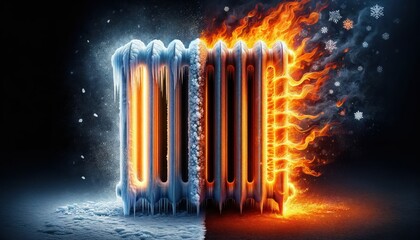 Image of a radiator, one part incandescent and glowing with heat, the other frozen with ice and snow, symbolizing temperature extremes
