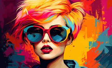 Obraz premium Profile of a young, fashionable girl who has a short haircut, vivid hair color and sunglasses. Urban hipster girl.